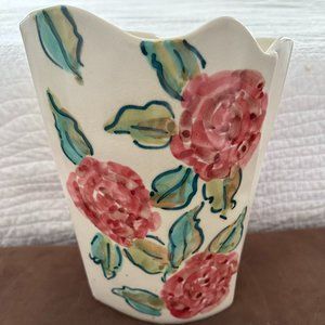 Vintage Large Scalloped 9" Large Rose Color flowered Vase